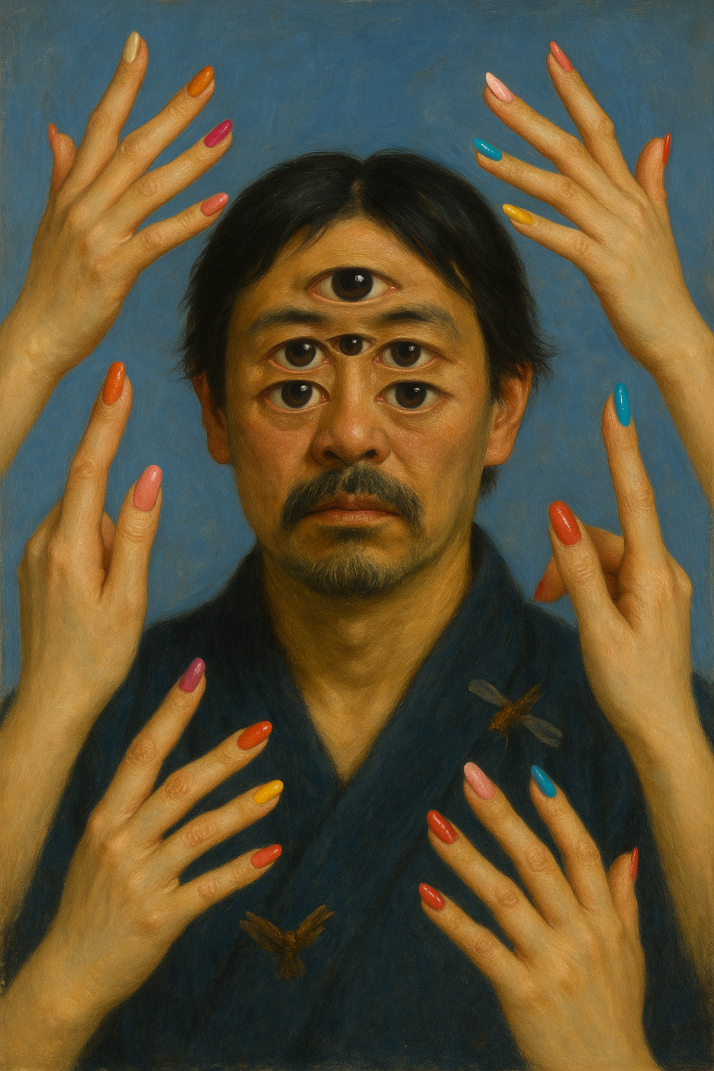 Surreal painted portrait with multiple eyes and brightly painted fingernails