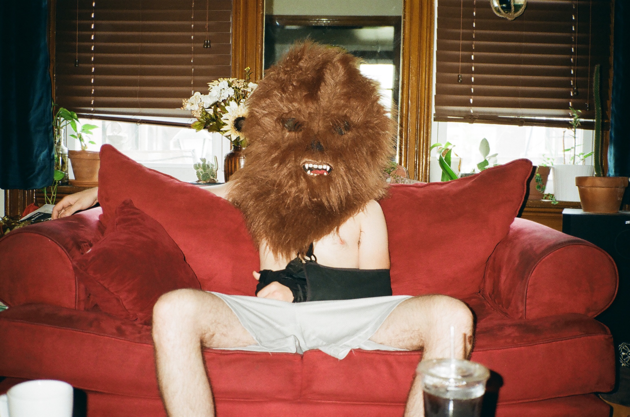 A person wearing a furry creature mask on a red velvet couch